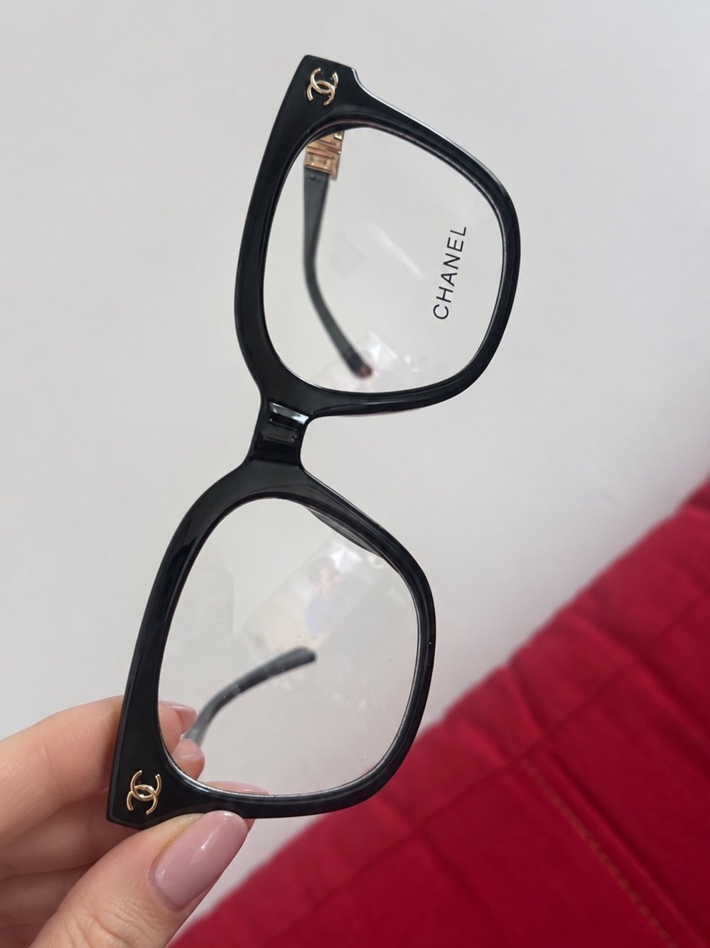 CHANEL Black Acetate Square Optical Glasses with Gold CC Accents
